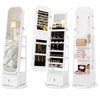 360° swivel jewelry cabinet in white features a full-length mirror, storage hooks, and shelves for versatile organization.