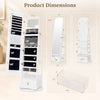 360° swivel jewelry cabinet in white features a full-length mirror, storage shelves, and anti-toppling device for safety.