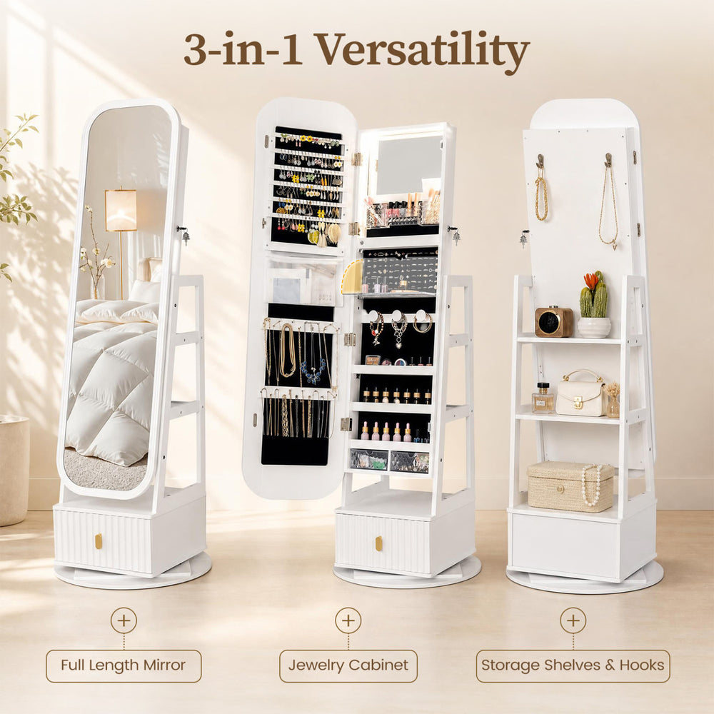 360° swivel jewelry cabinet in white features a full-length mirror, storage shelves, and hooks for versatile organization.