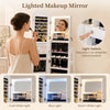 360° swivel jewelry cabinet in white features a full-length mirror, built-in lights, and drop-down makeup shelf for convenience.