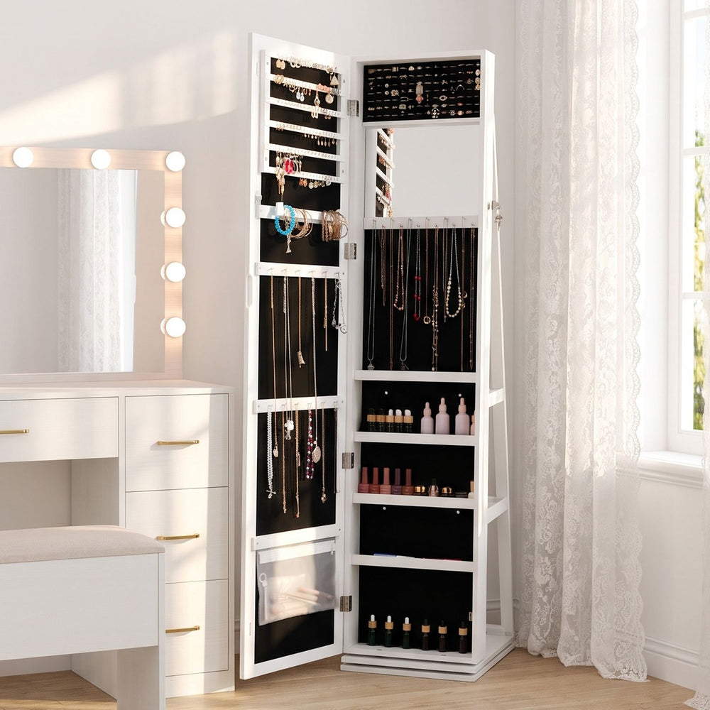 360° swivel jewelry cabinet in white features a full-length mirror, 98 earring slots, and 5-tier storage for cosmetics.