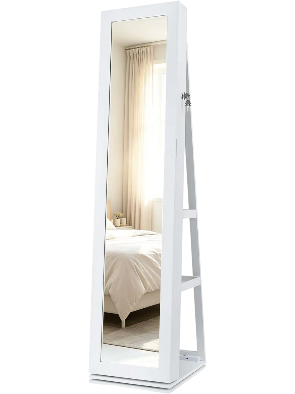 Full-length mirror with 360° swivel design and jewelry storage, featuring 98 earring slots and 5-tier shelf for essentials.