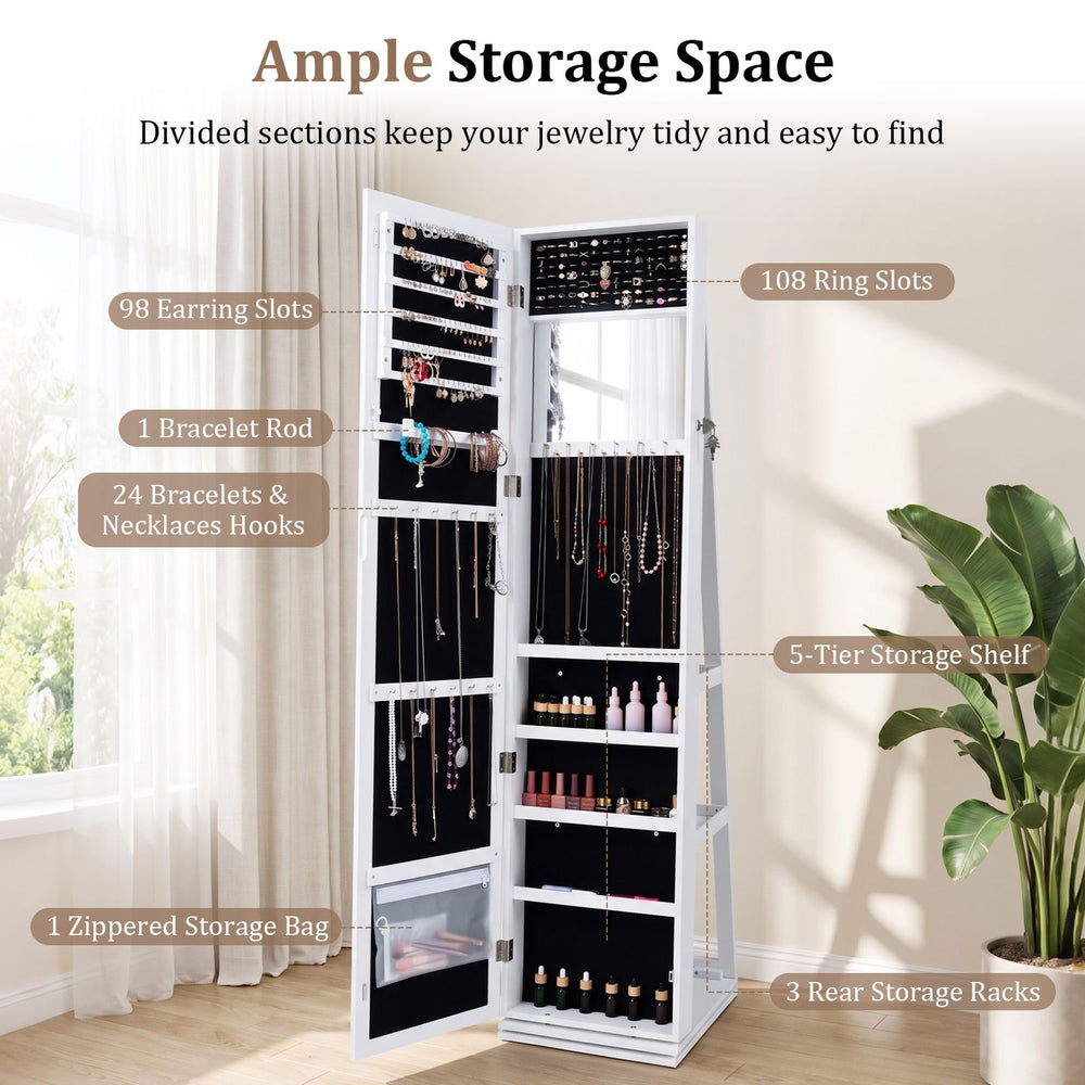 360° swivel jewelry cabinet in white features 98 earring slots, 108 ring slots, and a built-in mirror for easy access.