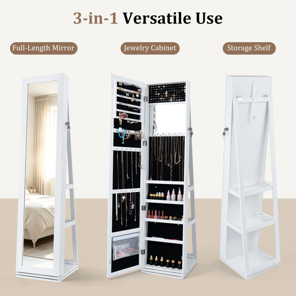 360° swivel jewelry cabinet in white showcases a 5-tier storage shelf and a zippered bag for safe accessory organization.