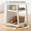 360° swivel jewelry cabinet in white features a full-length mirror, ample storage for accessories, and a sleek design.