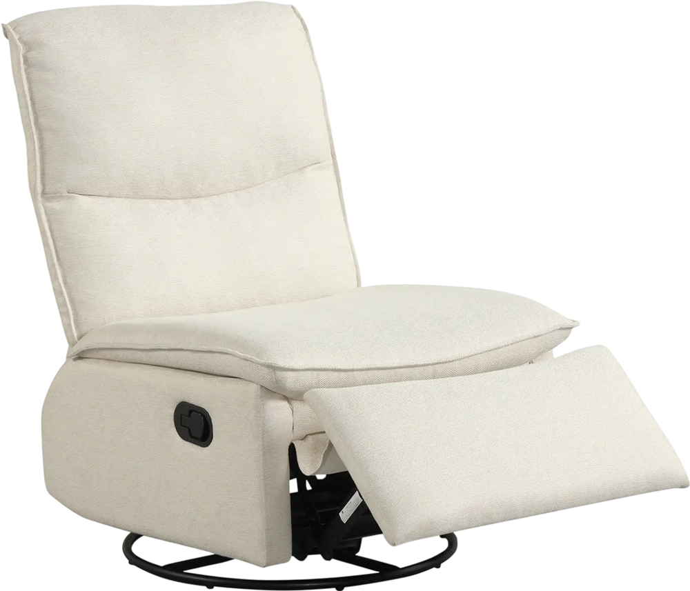 Beige 360° swivel rocking chair with cushioned back and footrest, ideal for living room comfort and relaxation.