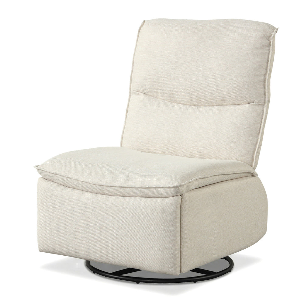 Beige 360° swivel rocking chair with cushioned back and footrest, perfect for living room comfort and style.