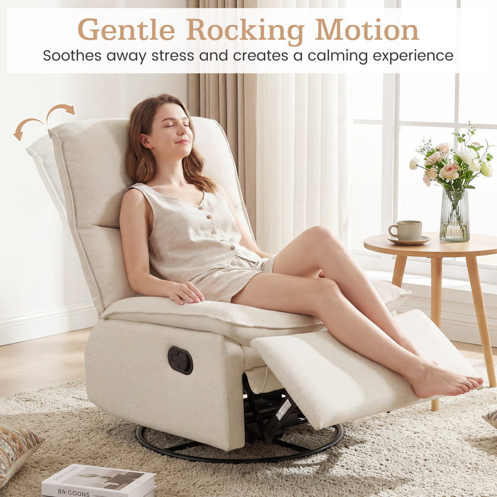 Beige 360° swivel rocking chair with cushioned back and footrest, perfect for living room relaxation.