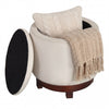 Beige 360° swivel velvet footrest with hidden storage, featuring a cozy pillow and sturdy acacia wood frame for.