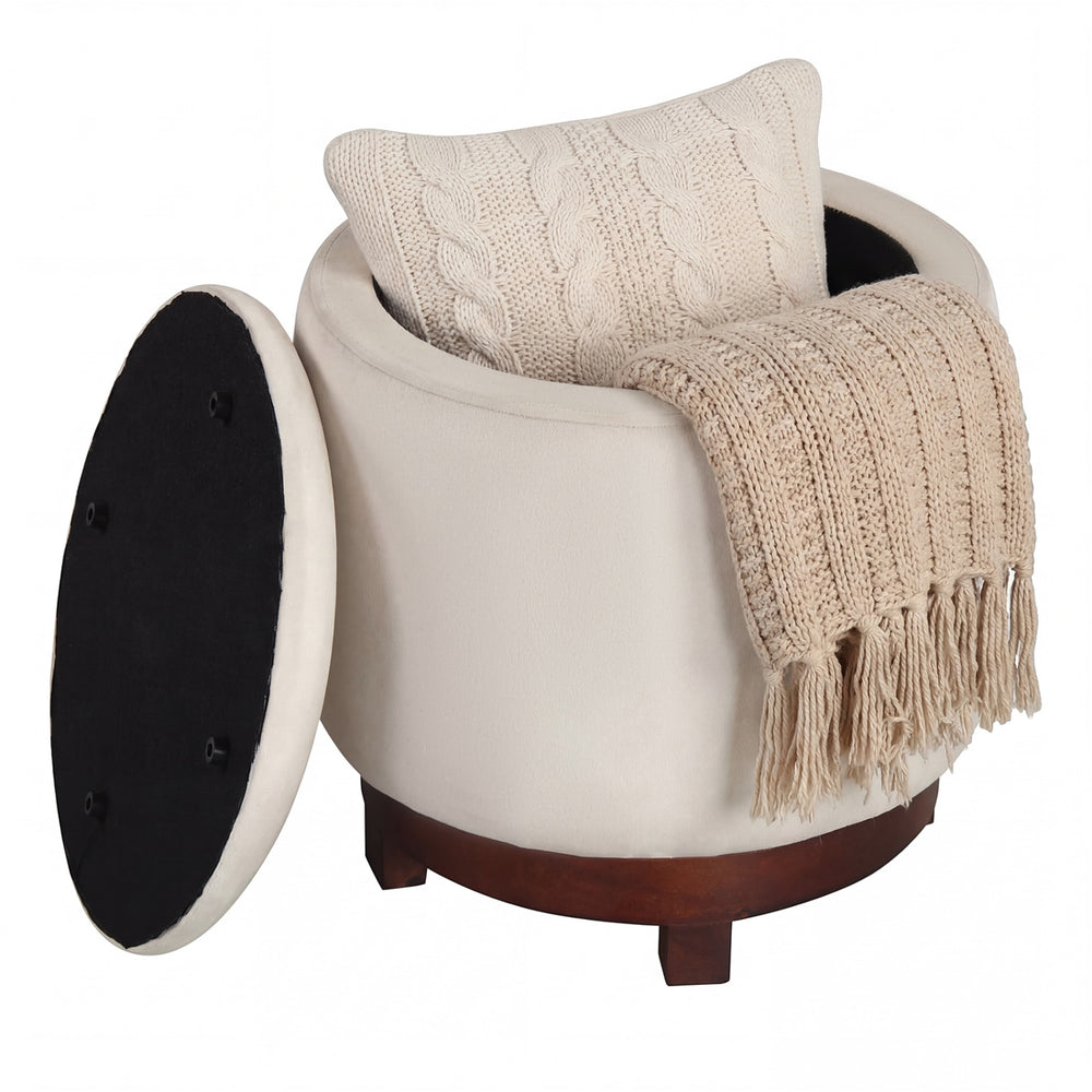 Beige 360° swivel velvet footrest with hidden storage, featuring a cozy pillow and sturdy acacia wood frame for.