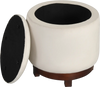 Beige 360° swivel velvet foot rest with hidden storage, solid acacia wood frame, ideal for living room use.