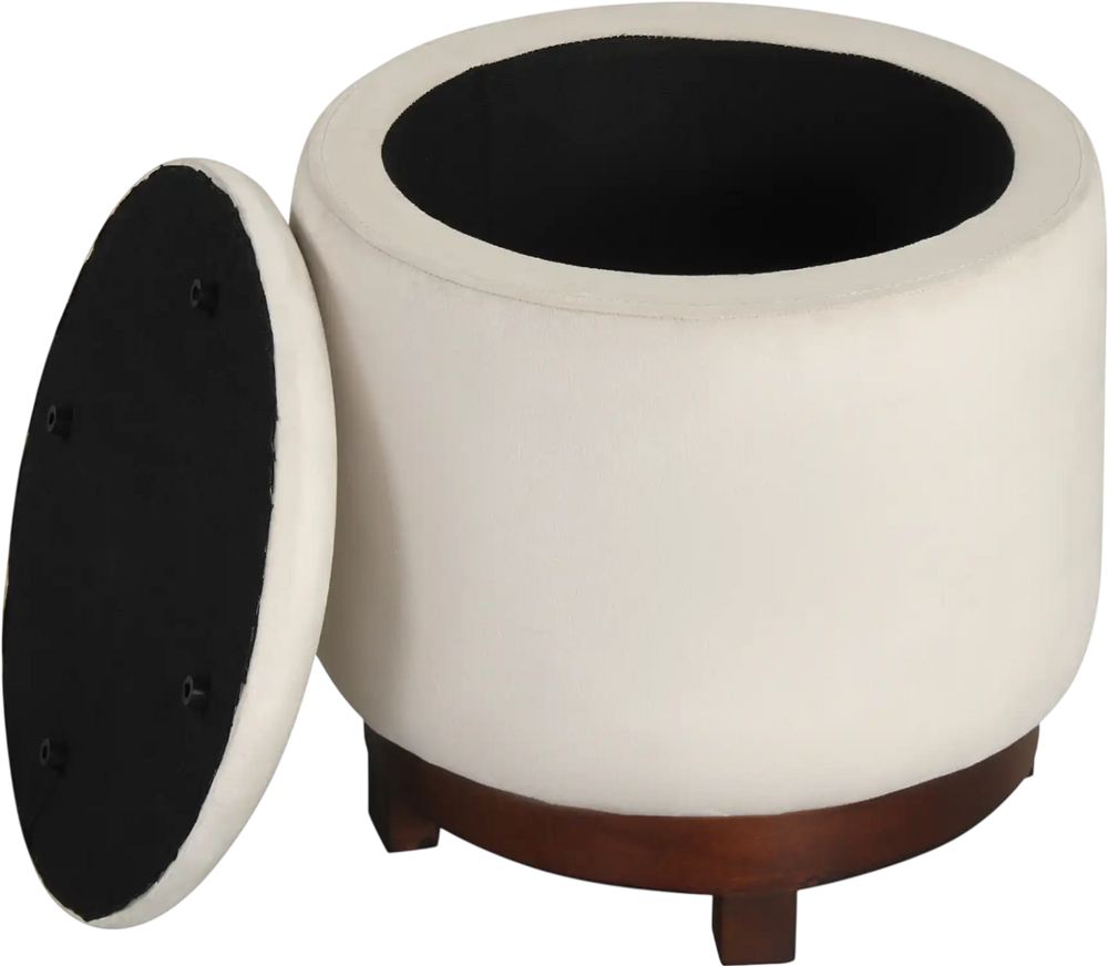 Beige 360° swivel velvet foot rest with hidden storage, solid acacia wood frame, ideal for living room use.