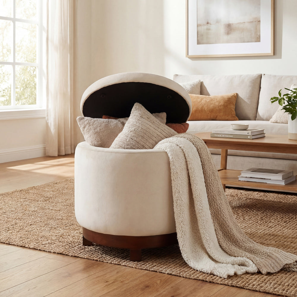Beige 360° swivel velvet footrest with hidden storage, featuring a soft sponge and solid acacia wood frame for living.