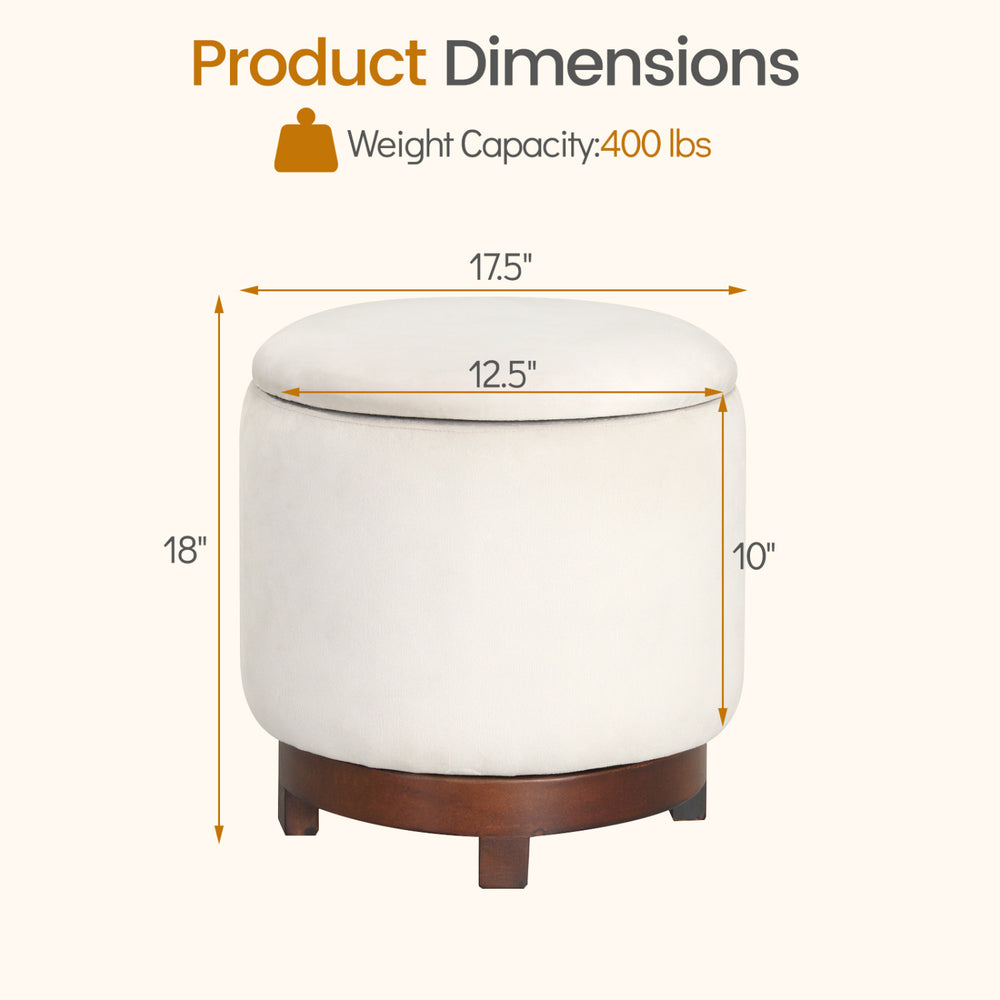 Beige 360° swivel velvet foot rest with hidden storage, 18" height, 12.5" diameter, sturdy acacia wood frame.