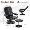 Swivel lounge chair recliner with ottoman, black leather upholstery, knob adjusting recliner, and 360-degree swivel.