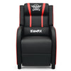 Gaming single recliner chair in red and black with adjustable backrest, massage lumbar support, and extending footrest.