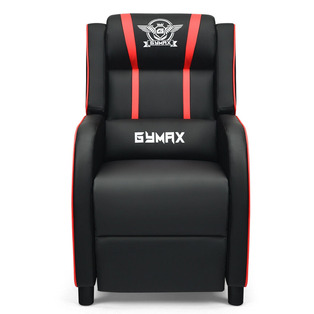 Gaming single recliner chair in red and black with adjustable backrest, massage lumbar support, and extending footrest.