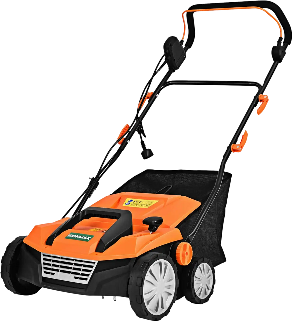 Electric scarifier with 15-inch cutting width, 13 Amp motor, and 50L collection bag, designed for efficient lawn care.