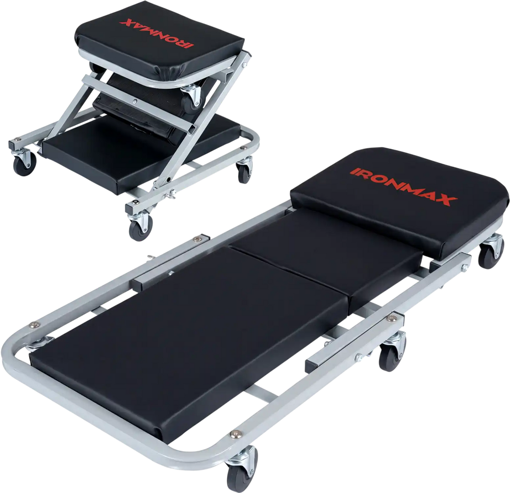 Mechanic creeper and Z-seat with 6 swivel casters, featuring 1.5-inch thick padding for comfort and support.