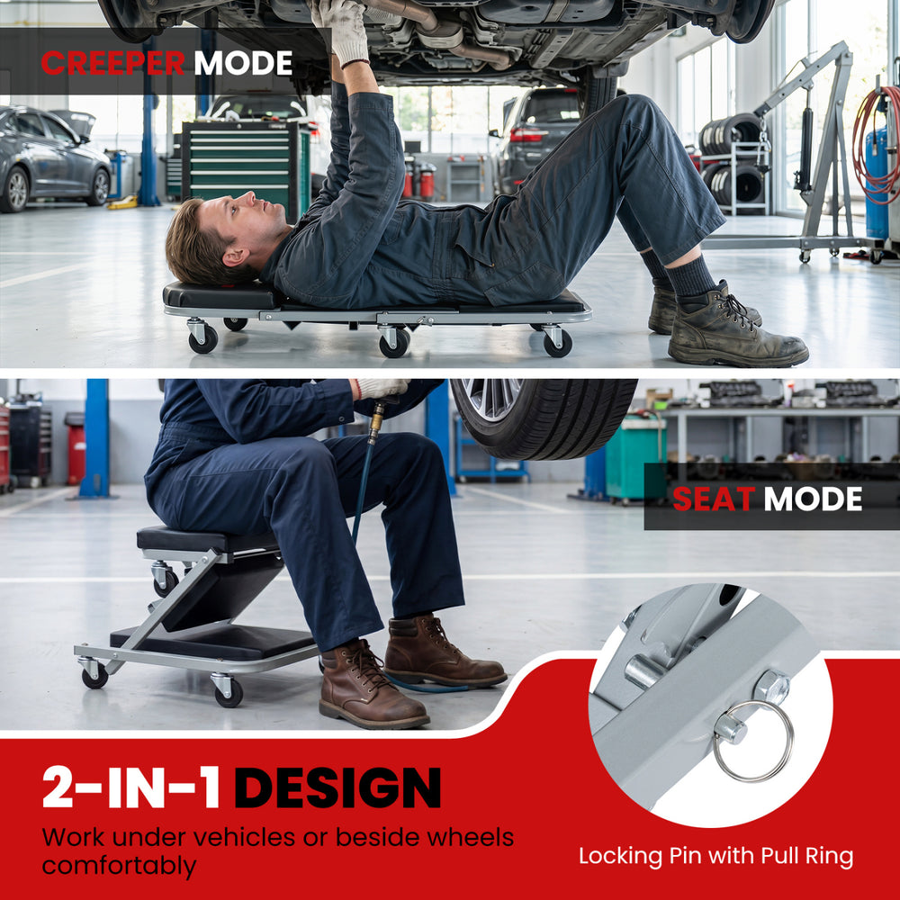 Mechanic creeper and Z-seat in black with 6 swivel casters for comfortable under-vehicle work and easy mobility.