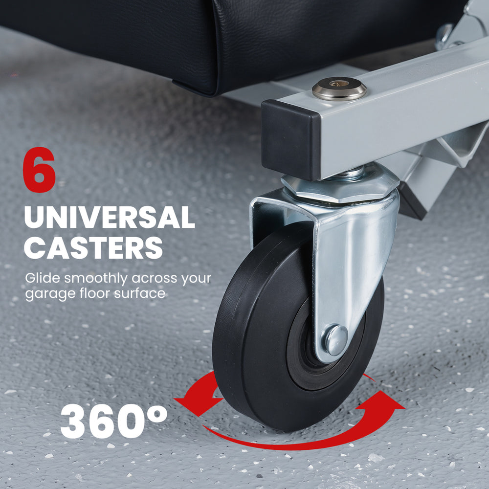 Close-up of a swivel caster on the 36" 2-in-1 mechanic creeper, designed for smooth gliding across garage floors.
