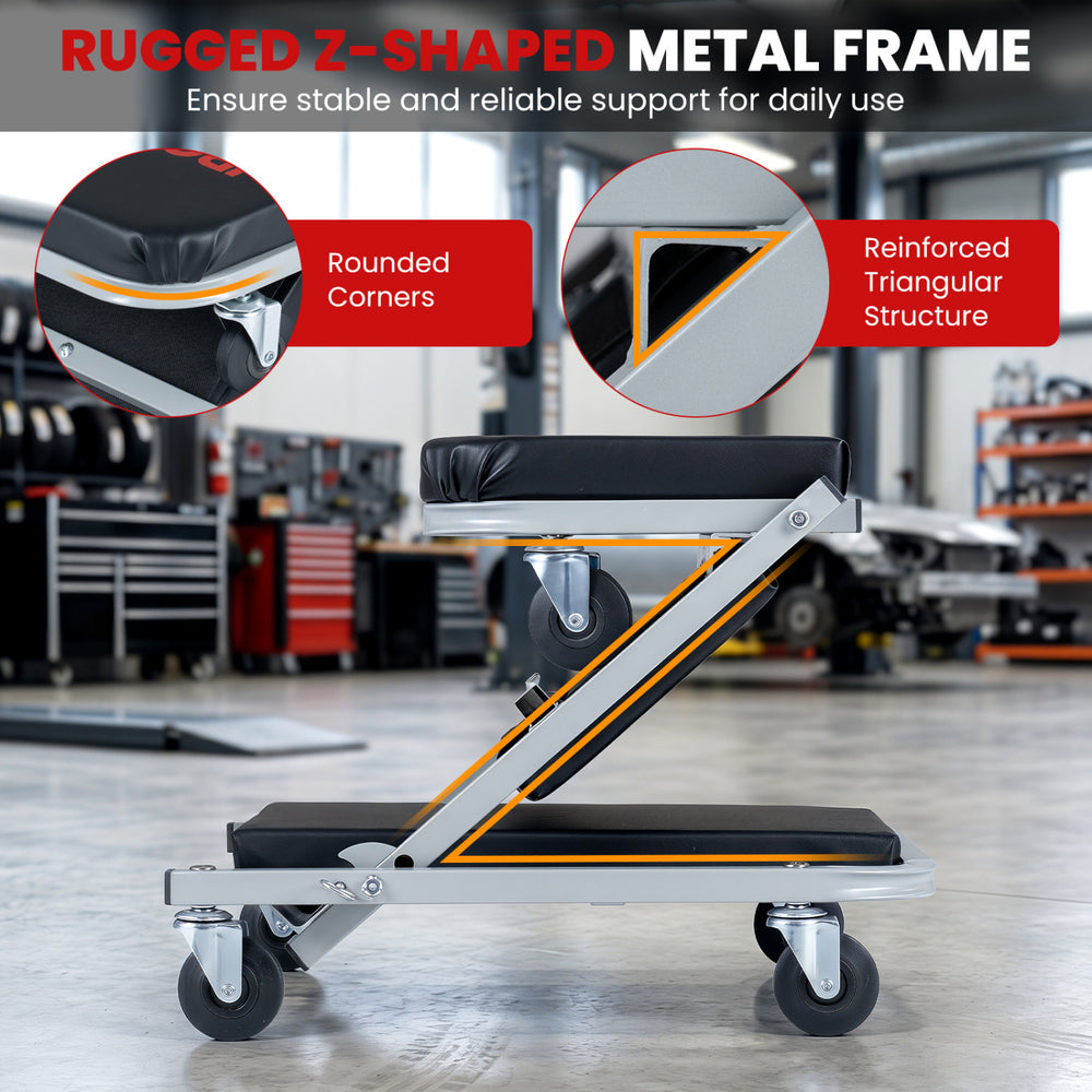 Z-shaped mechanic creeper and seat with 6 swivel casters, featuring a rugged metal frame for stable support and comfort.