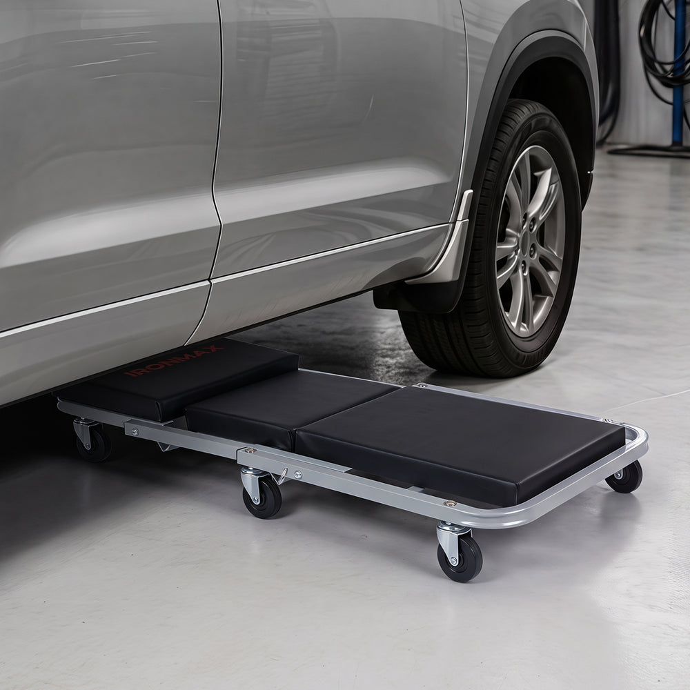Mechanic creeper and Z-seat with 6 swivel casters, featuring 1.5-inch thick padding for comfort and support under vehicles.