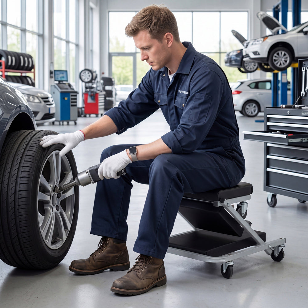 Mechanic creeper and Z-seat with 6 swivel casters, designed for comfort and support during auto repairs in garages.