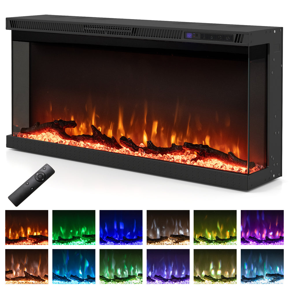 Three-sided electric fireplace insert with remote control, featuring 12 flame colors for customizable ambiance and 750W.