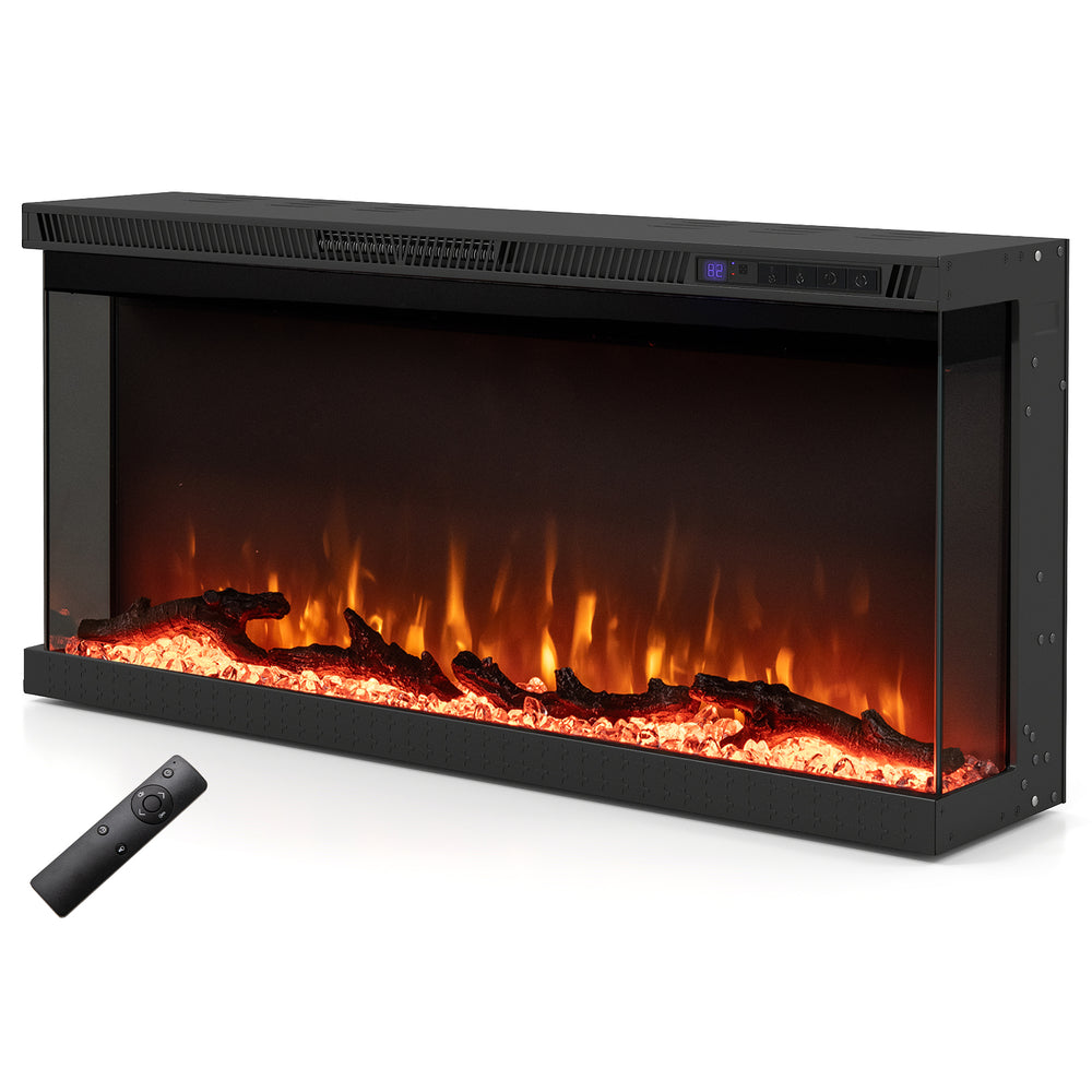 Three-sided 36-inch electric fireplace insert with remote control, featuring 12 flame colors for customizable ambiance.