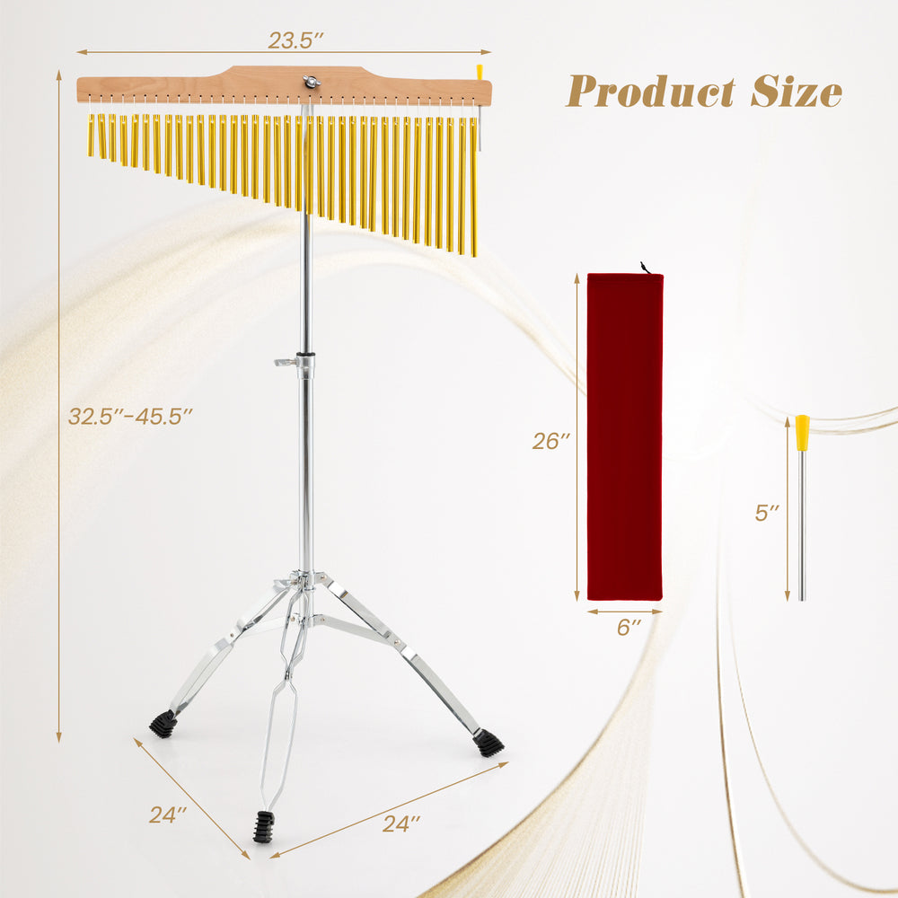 36-bar single-row chimes with adjustable height, beech wood support, and foldable stand for easy portability.
