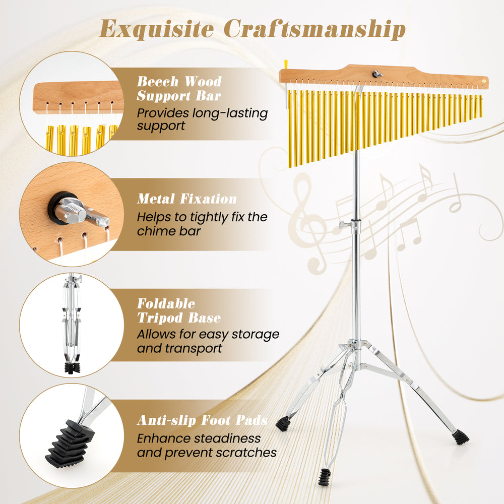 36-bar golden chimes with beech wood support, adjustable height, and foldable tripod base for easy transport.