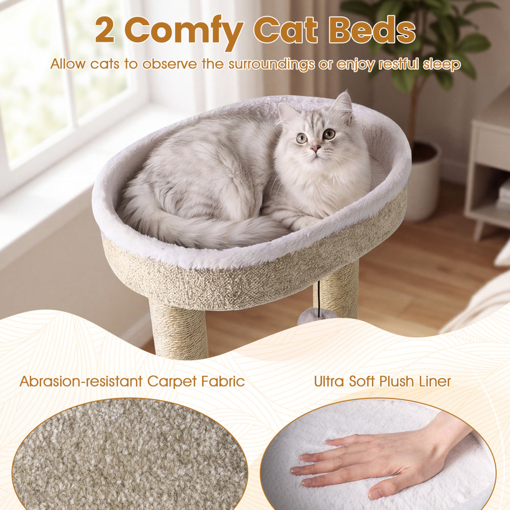 Comfy cat bed with ultra soft plush liner on a carpeted cat tree, featuring scratching posts and a dangling ball.