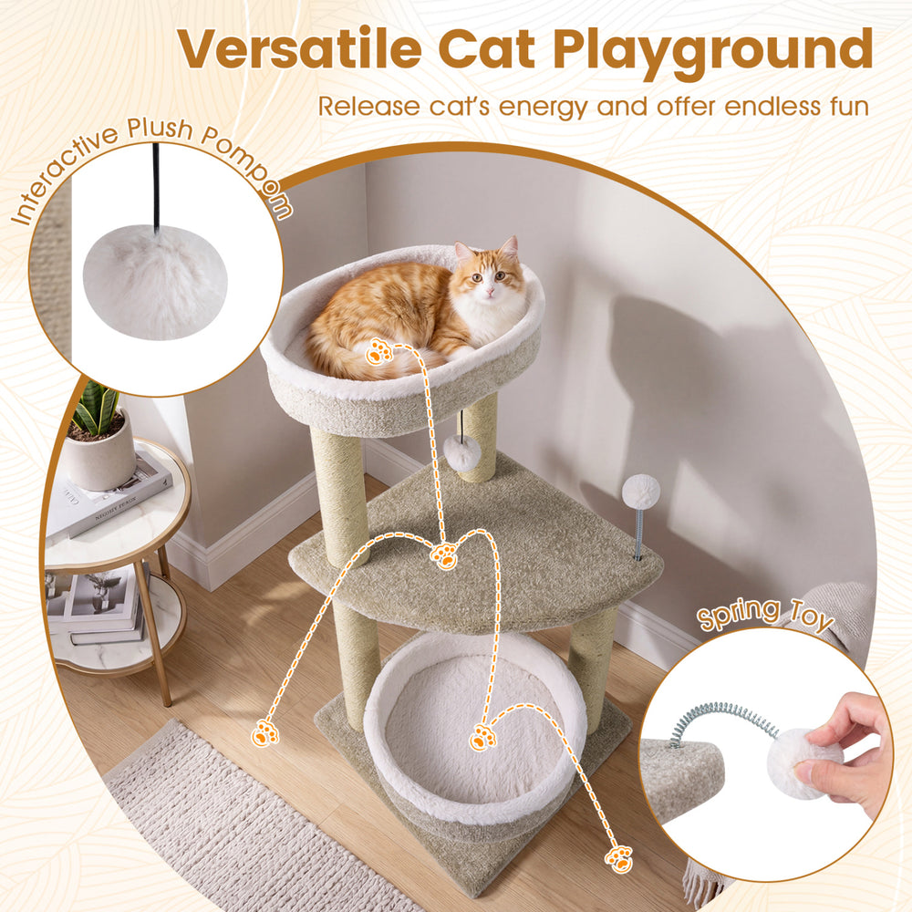 Multi-level 36" carpeted cat tree featuring plush perches, scratching posts, and interactive toys for endless fun.