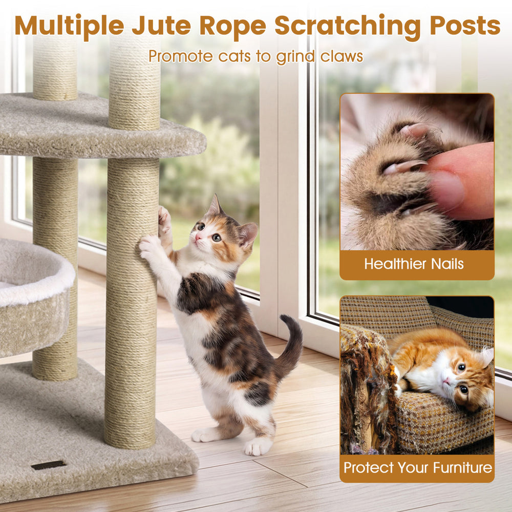 Cat tree featuring multiple jute rope scratching posts and plush perches for healthy claws and playful lounging.
