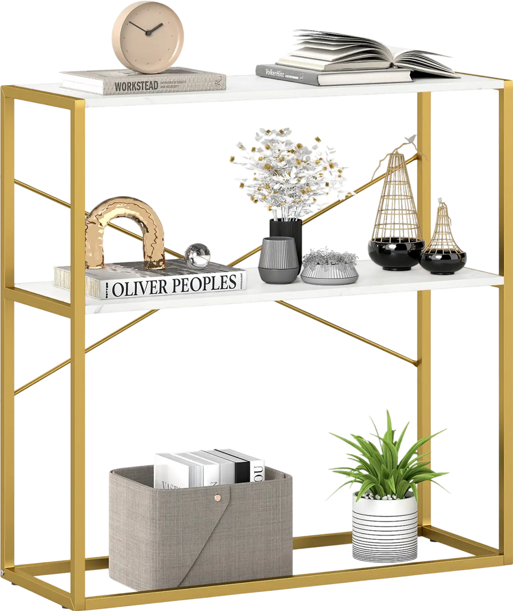 36" console table with white wooden shelves and gold metal frame, ideal for entryways or behind sofas.