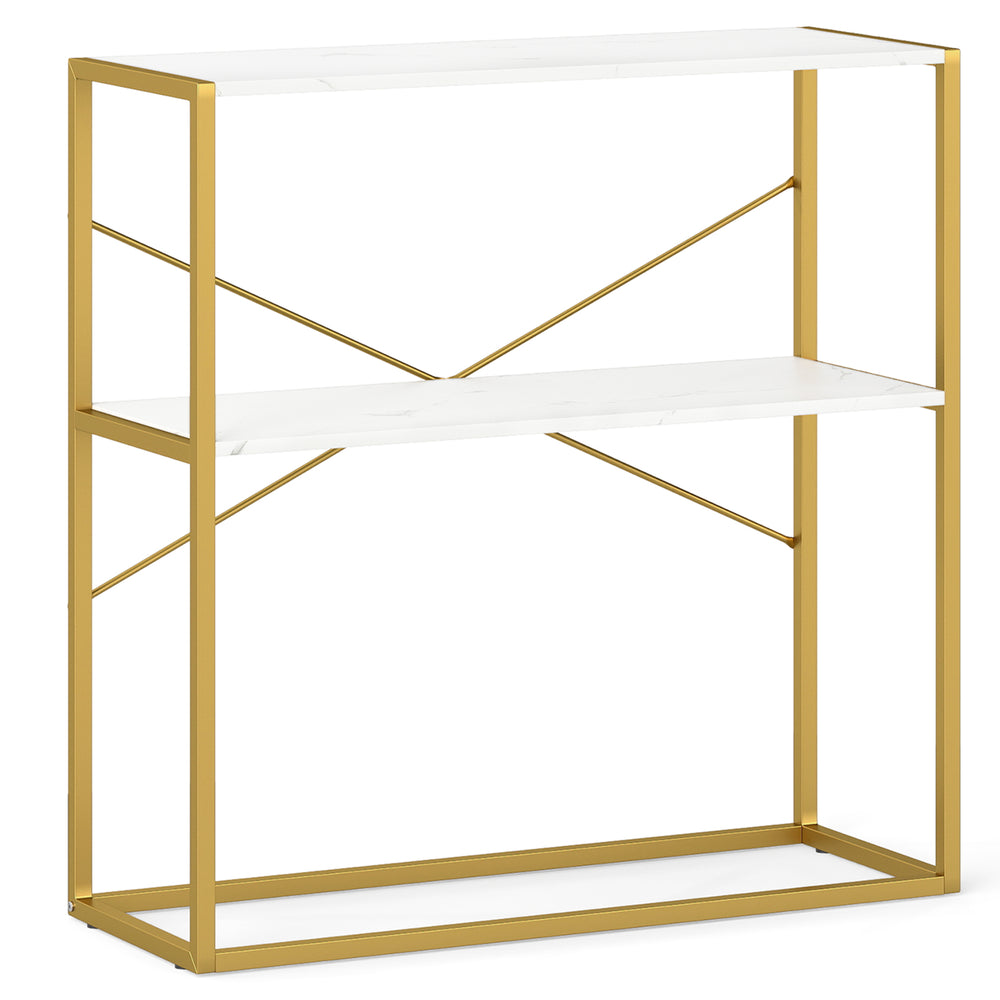 36" console table with white wooden shelves and gold metal frame, perfect for entryways or narrow spaces.