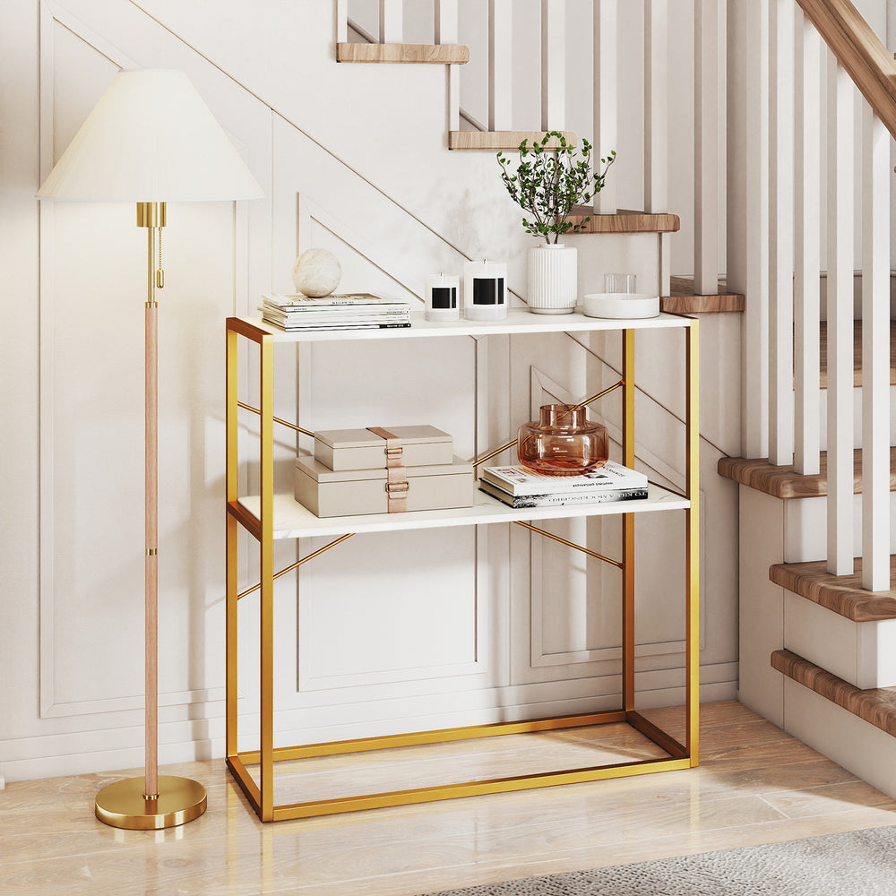 36" console table showcasing a narrow design with open shelves and a sturdy gold metal frame, perfect for hallways.