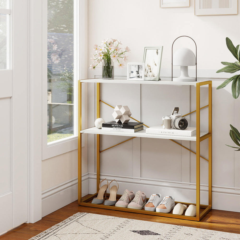 36" console table with white wooden shelves and gold metal frame, ideal for entryways and narrow spaces.