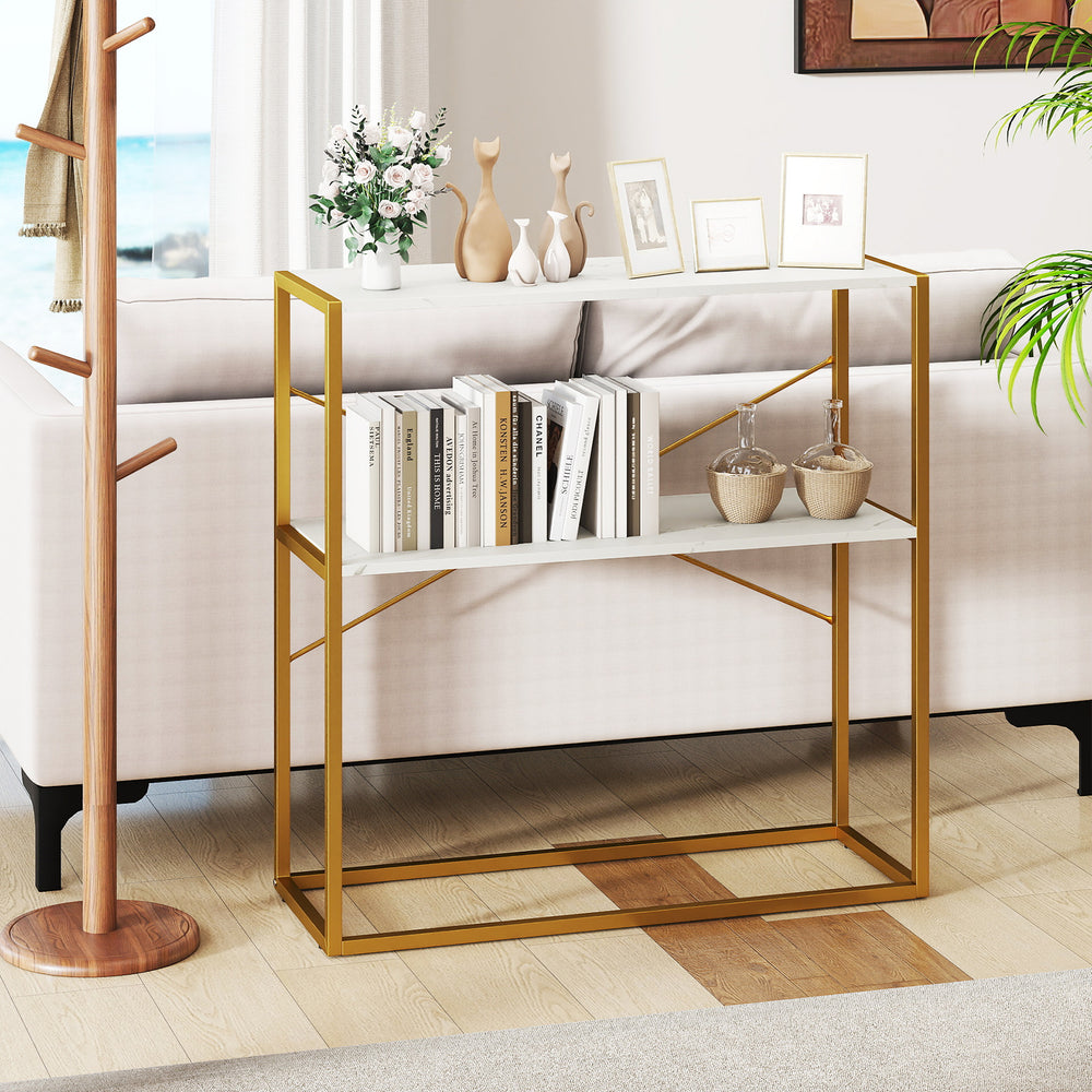 36" console table with white wooden shelves and gold metal frame, perfect for entryways or behind sofas.
