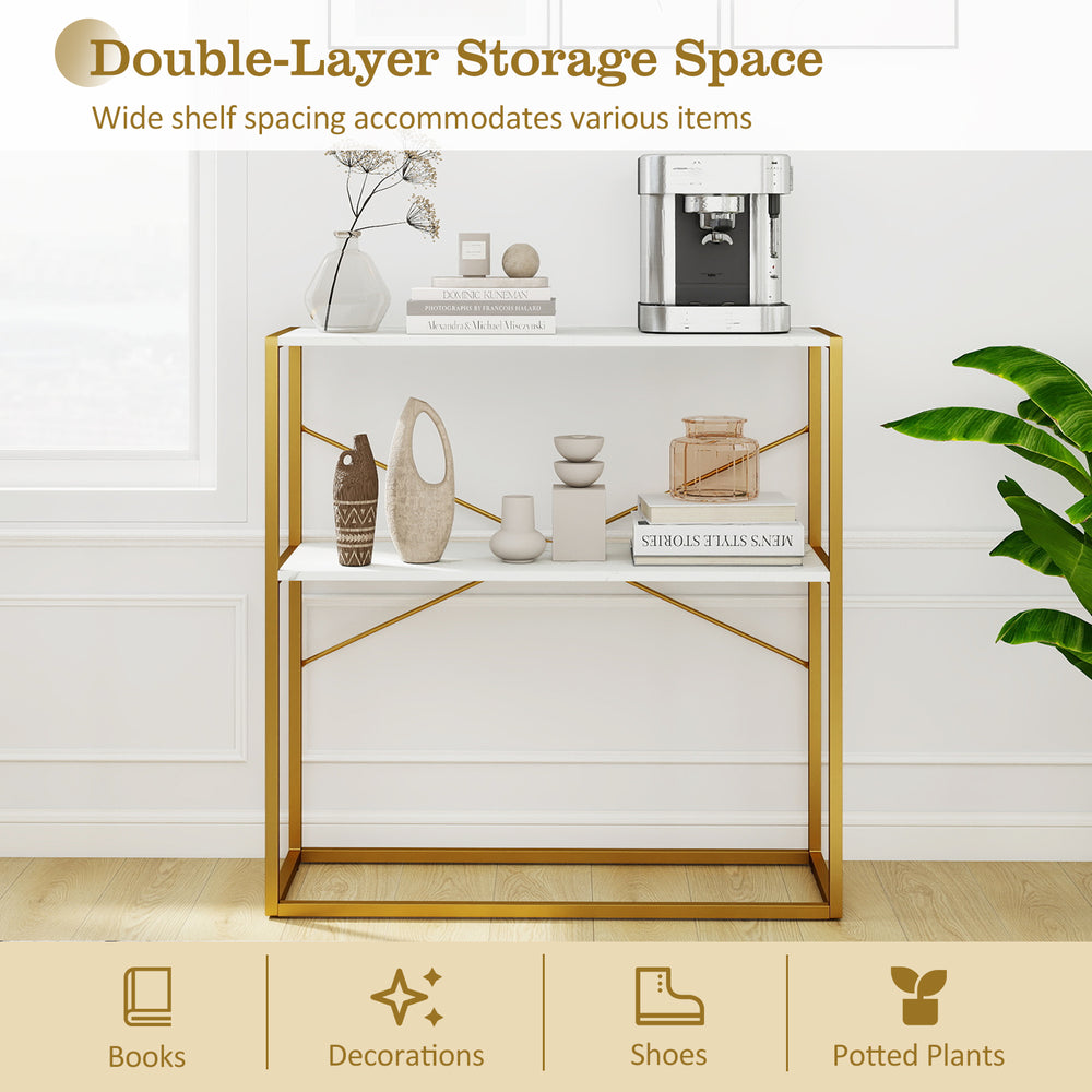 36" console table with white wooden shelves and gold metal frame, ideal for books and decorations in entryways.