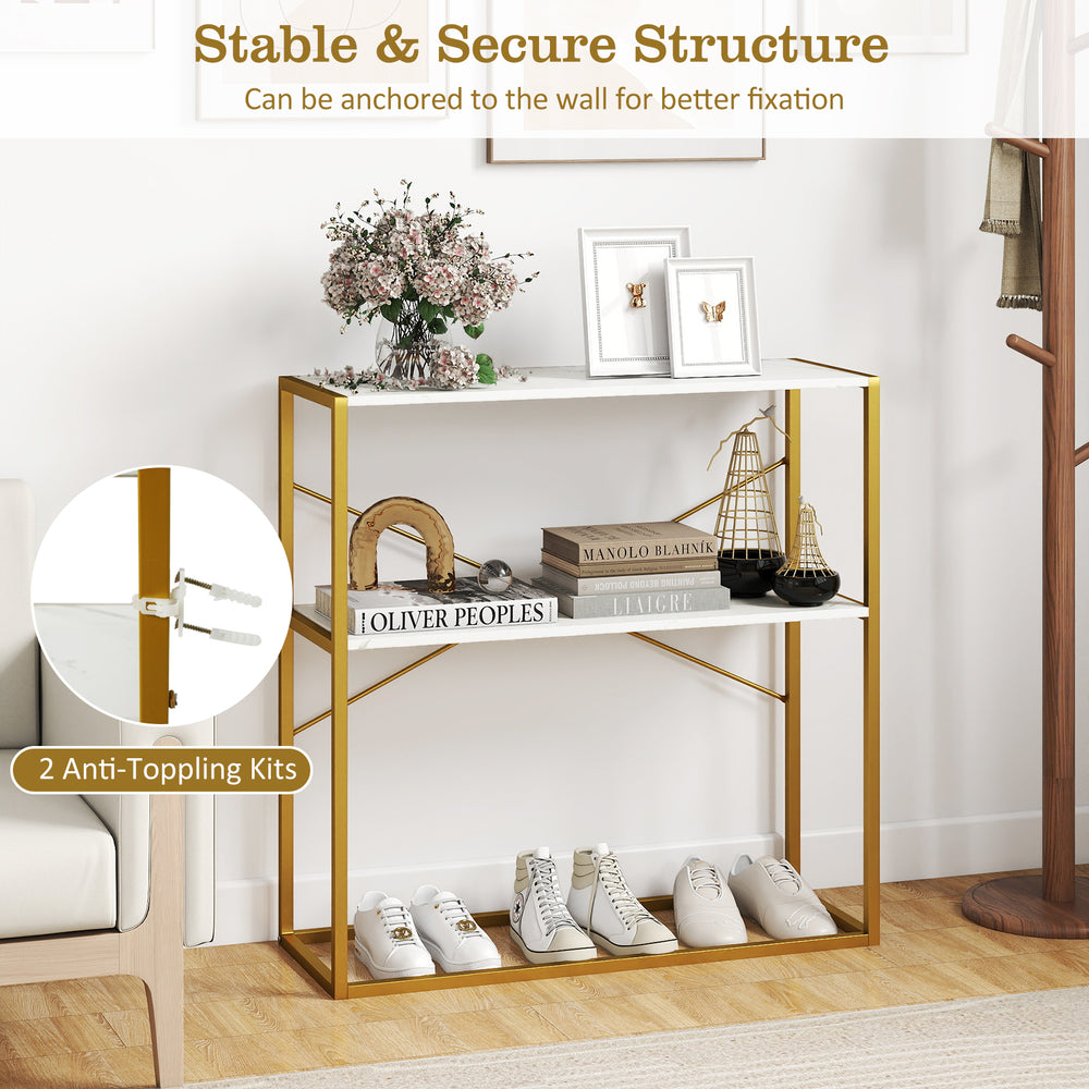 36" console table with white wooden shelves and gold metal frame, featuring two tiers for storage in entryway or.