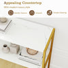 36" console table with a white marble texture top, metal frame, and open shelves for stylish entryway storage.