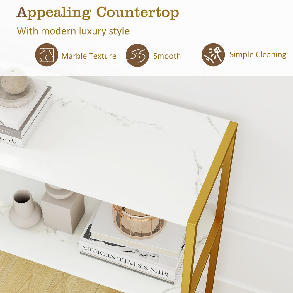 36" console table with a white marble texture top, metal frame, and open shelves for stylish entryway storage.