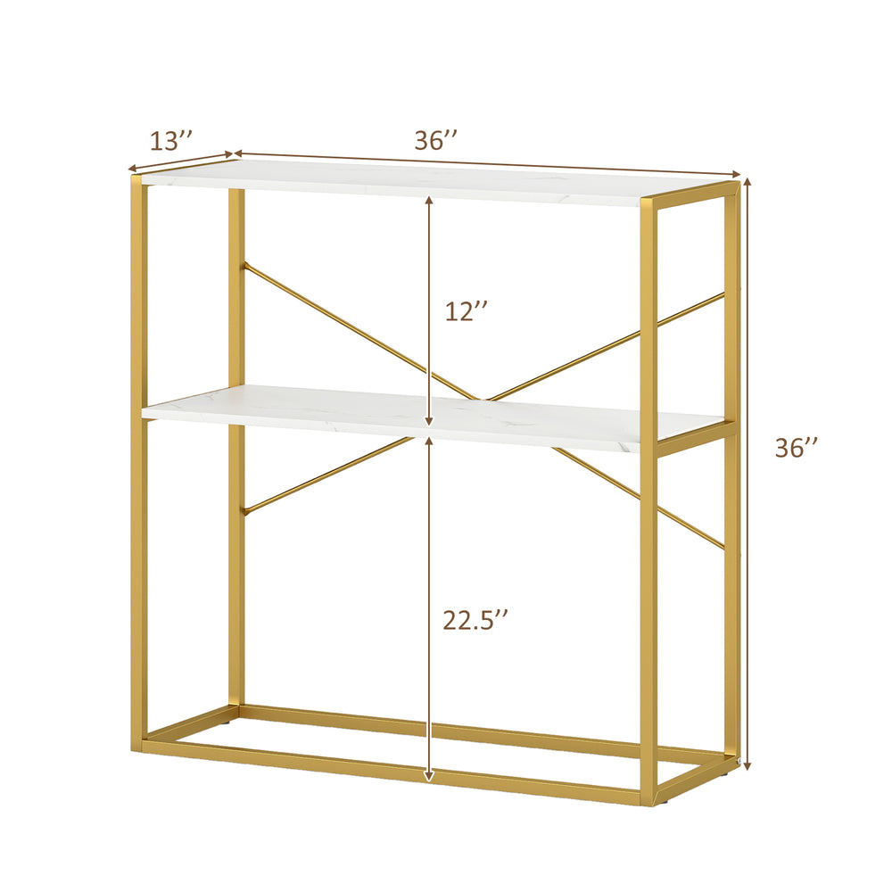 36" console table with white wooden shelves and gold metal frame, featuring two tiers for ample storage in entryways.