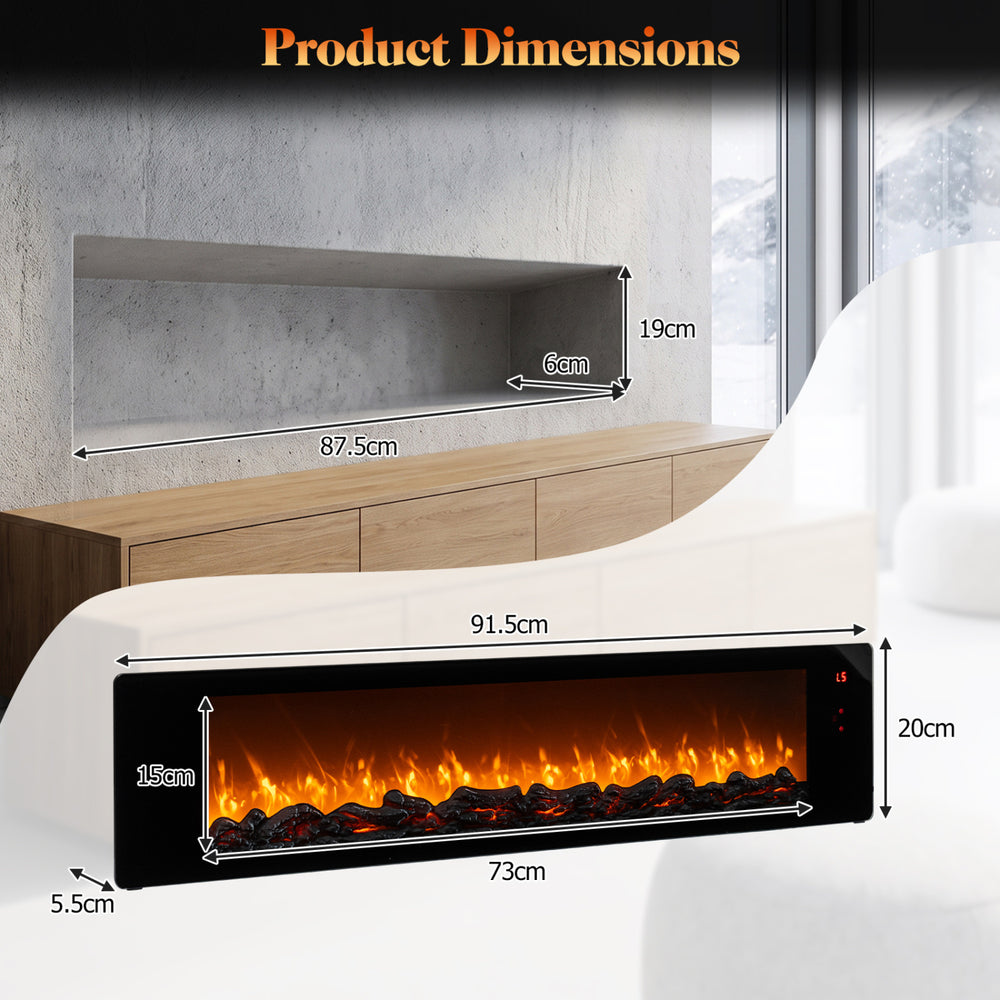Product dimensions of the 36" electric fireplace showing a slim 2" profile and recessed mounting for seamless installation.