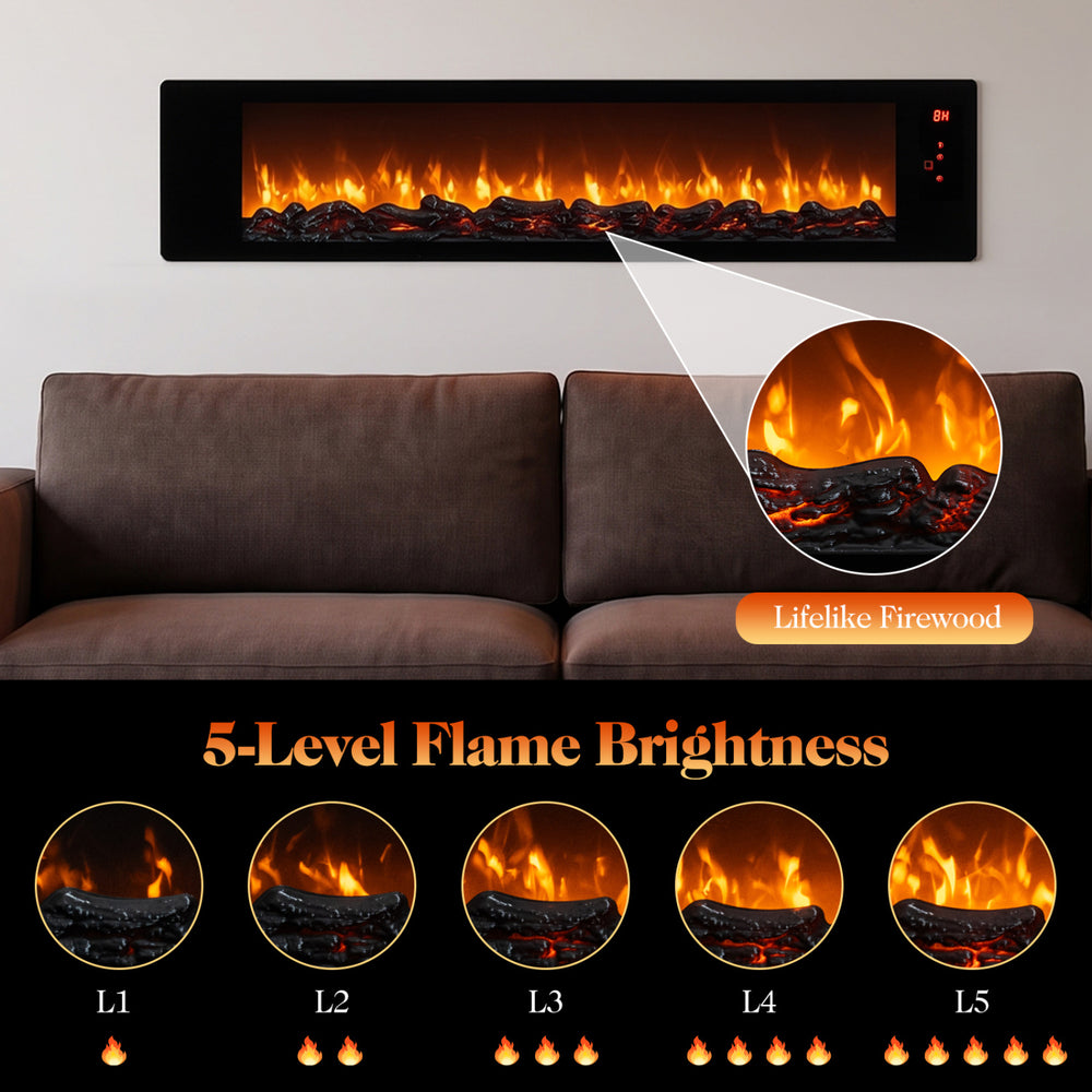 36" electric fireplace with lifelike firewood, 5-level adjustable brightness, and a slim profile for seamless wall integration.