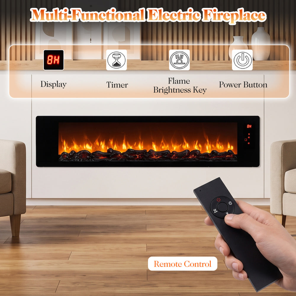 36" electric fireplace with remote control, 5-level adjustable brightness, and lifelike firewood decoration for cozy ambiance.