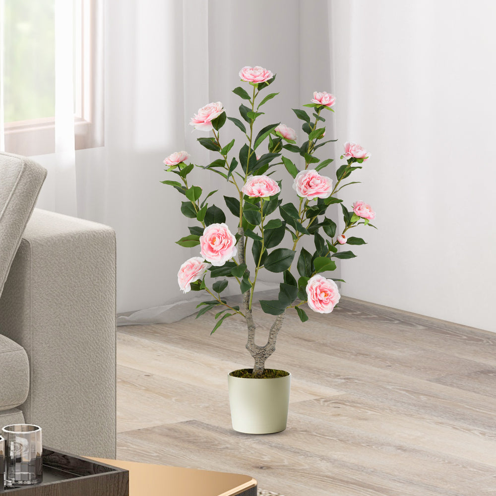 36-inch artificial camellia tree with pink flowers in a stable pot, perfect for home or office decor.