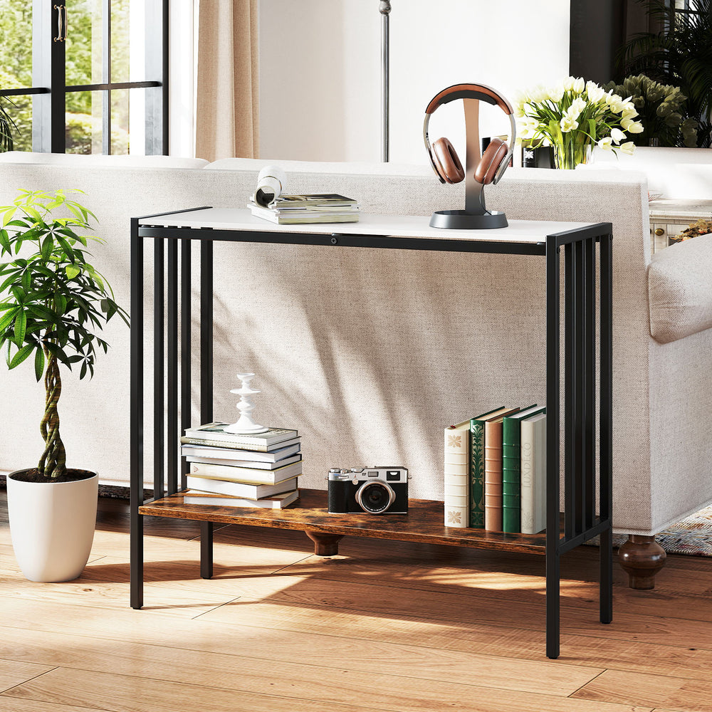 Console table with sintered stone tabletop and metal frame, featuring 2-tier storage for living room or entryway use.